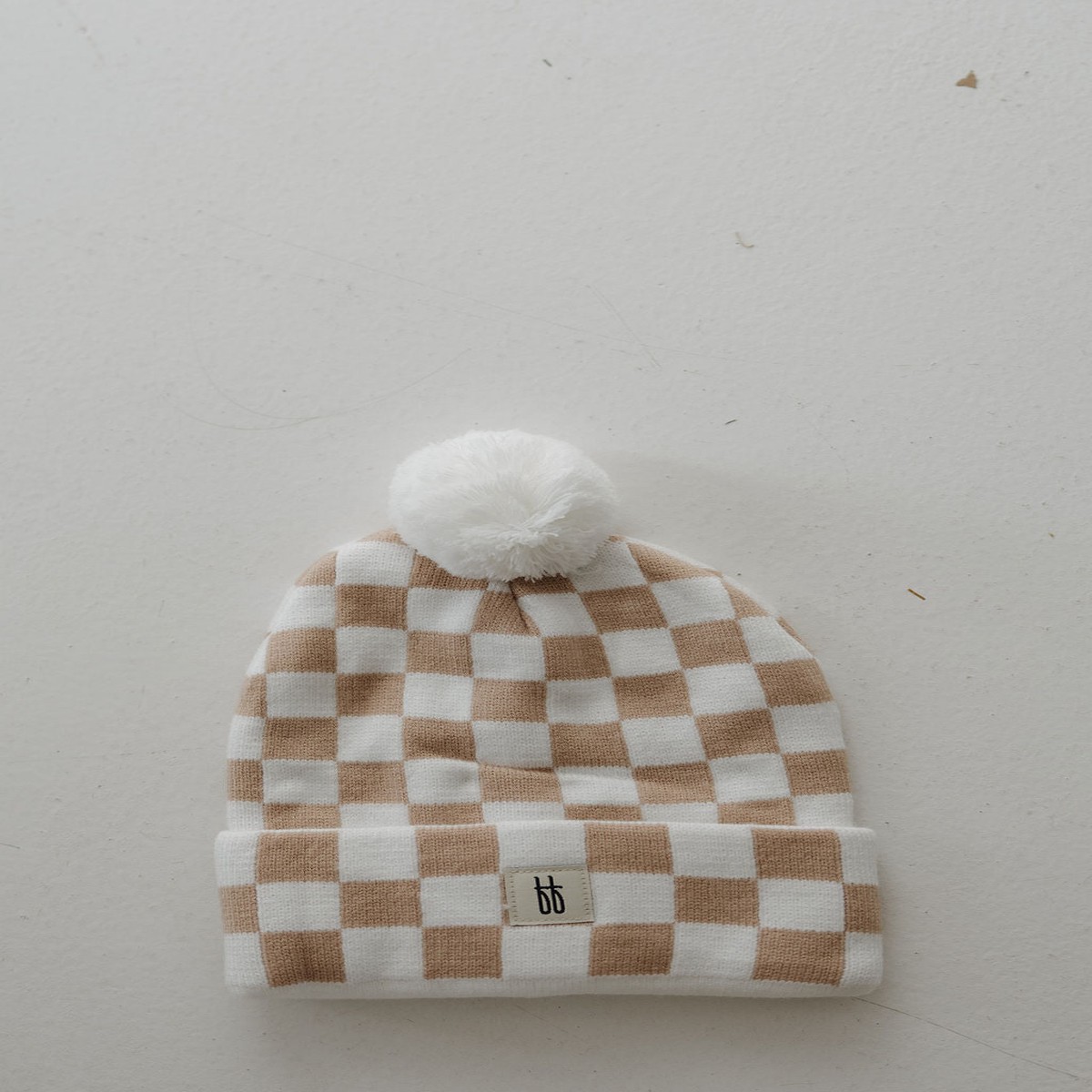 Adult ff Knit Pom Top Beanie Tan Checkerboard