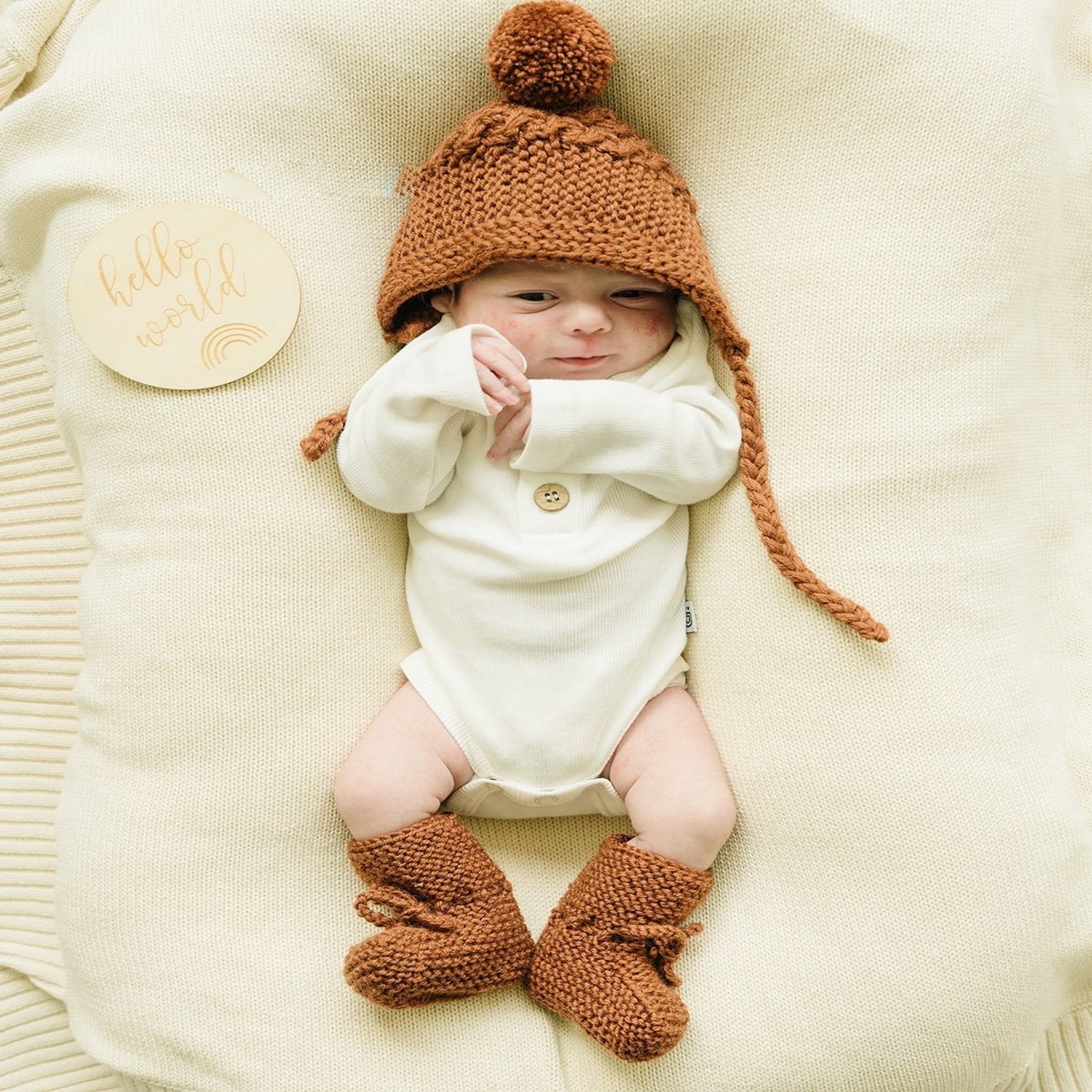 Merino Wool Bonnet Bootie Set Cinnamon