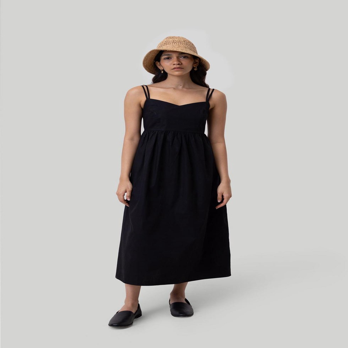 Strappy Gathered Midi Dress - Black