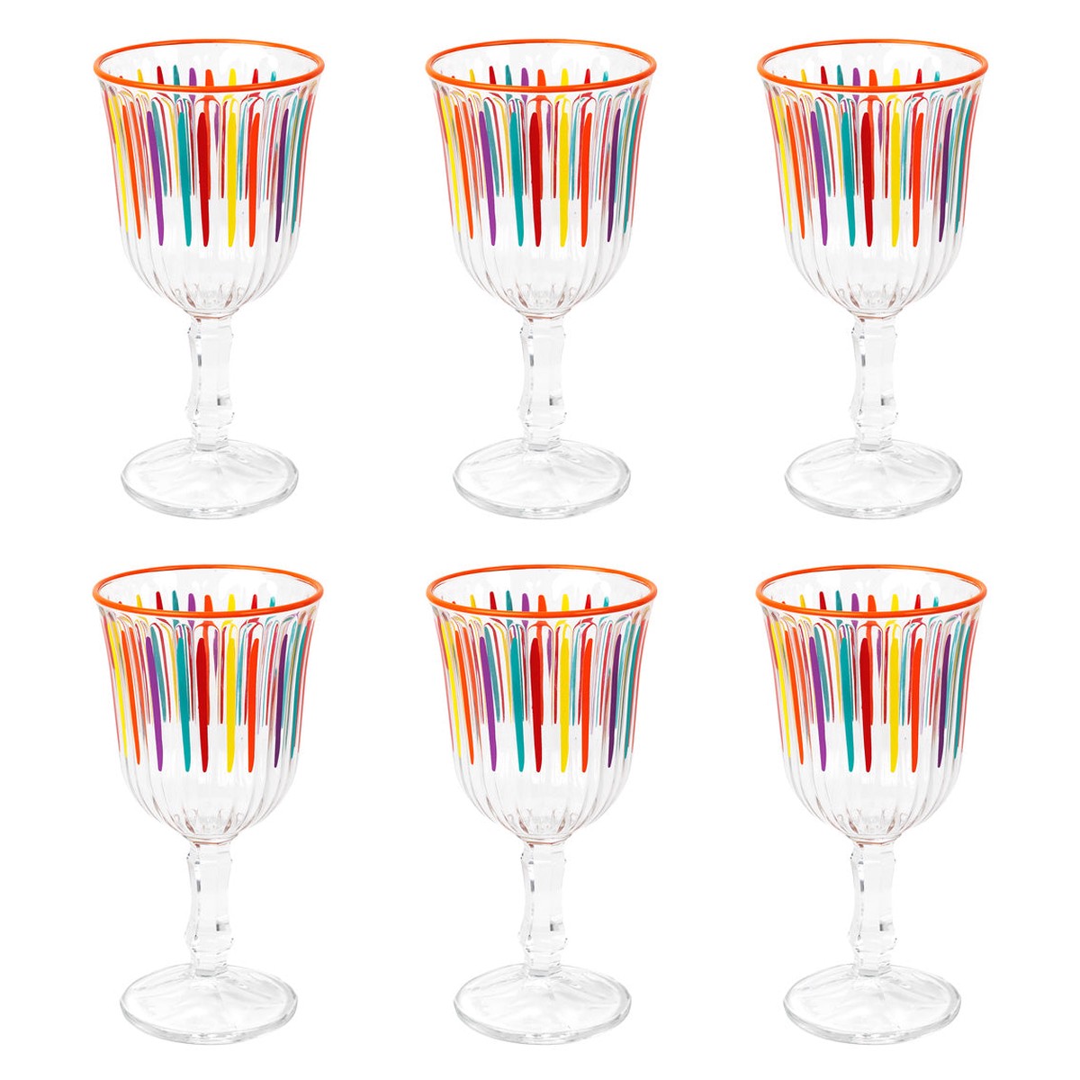 Bright Striped Multi-Coloured Wine Glasses - 6 Pack