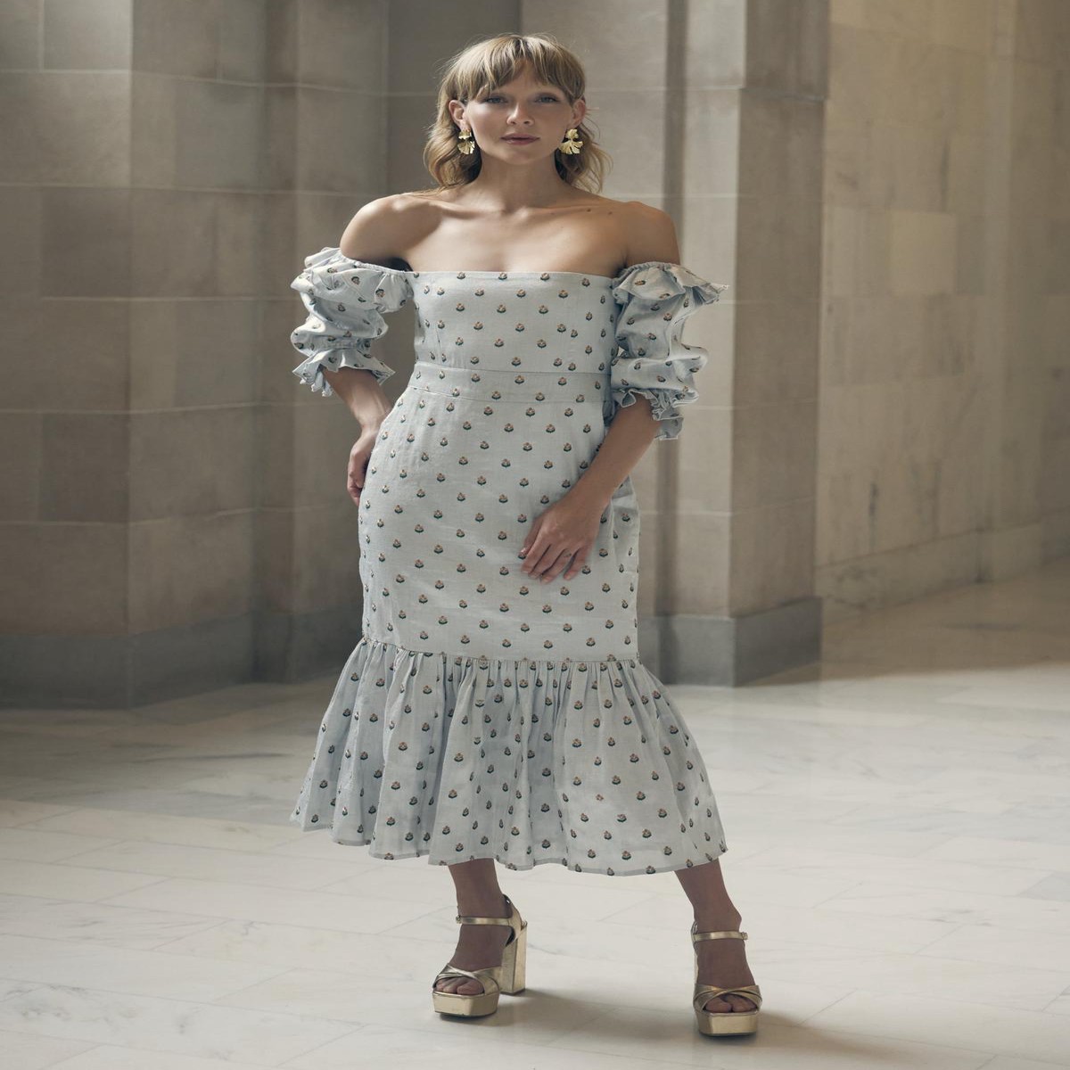 Desirae Embroidered Midi Dress - Light SilverMicro Floral Embroidery