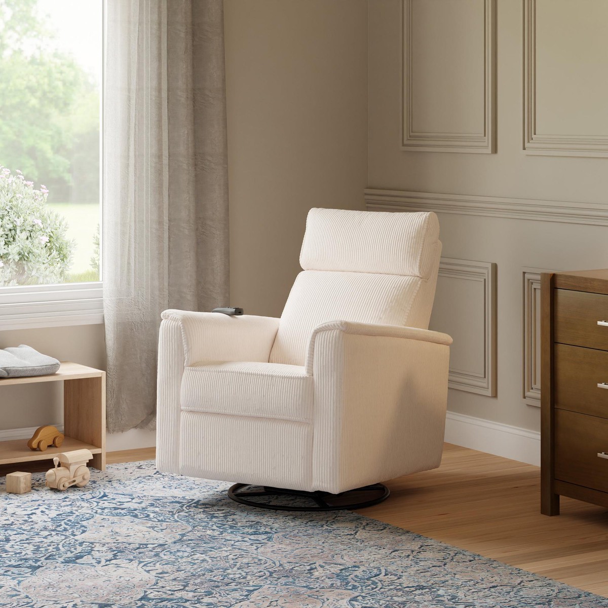 Monogram by Namesake Willa Deluxe Power Recliner and Swivel Glider with Heat Massage Ivory Corduroy EXCLUSIVE