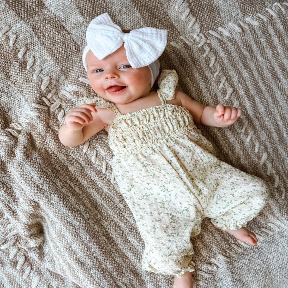 Paisley Smocked Ruffle Jumpsuit – White with Green Leaves